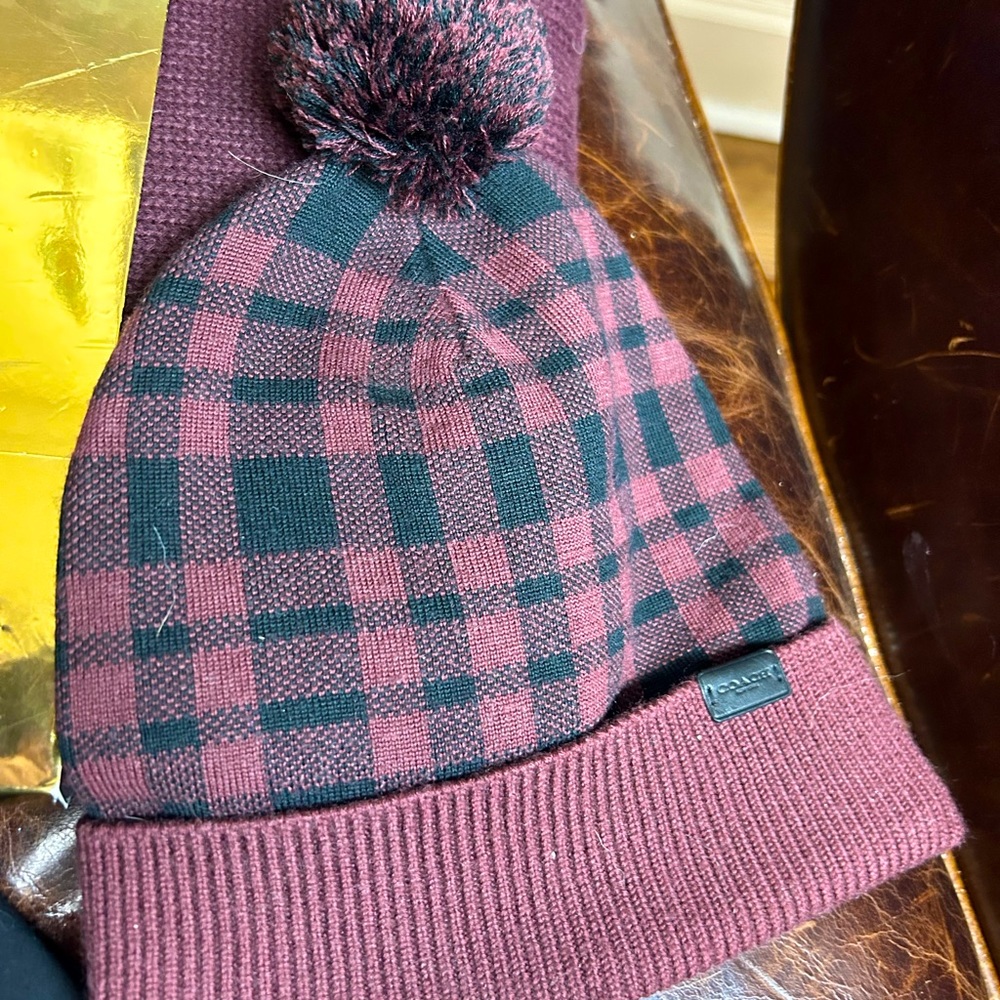 Coach Maroon and Black Checkered Beanie